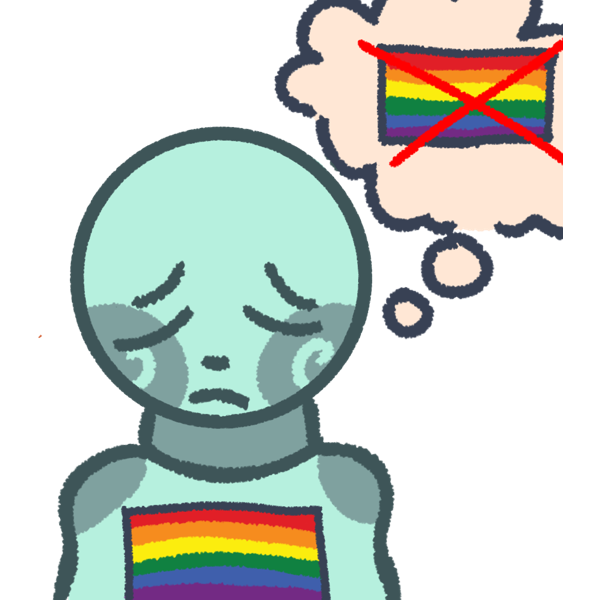 a light cyan person with the rainbow pride flag on their chest. Next to them is a thought bubble and in that thought bubble is the same flag but crossed off